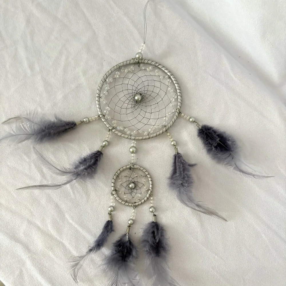 Iridescent beaded dream catcher blue home decor wall hanging